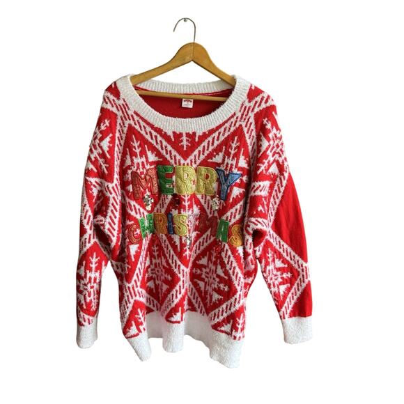 Merry Christmas Fairisle Ugly Holiday Sweater Sequins Warm Red Womens 2X 20-22 - Picture 2 of 7
